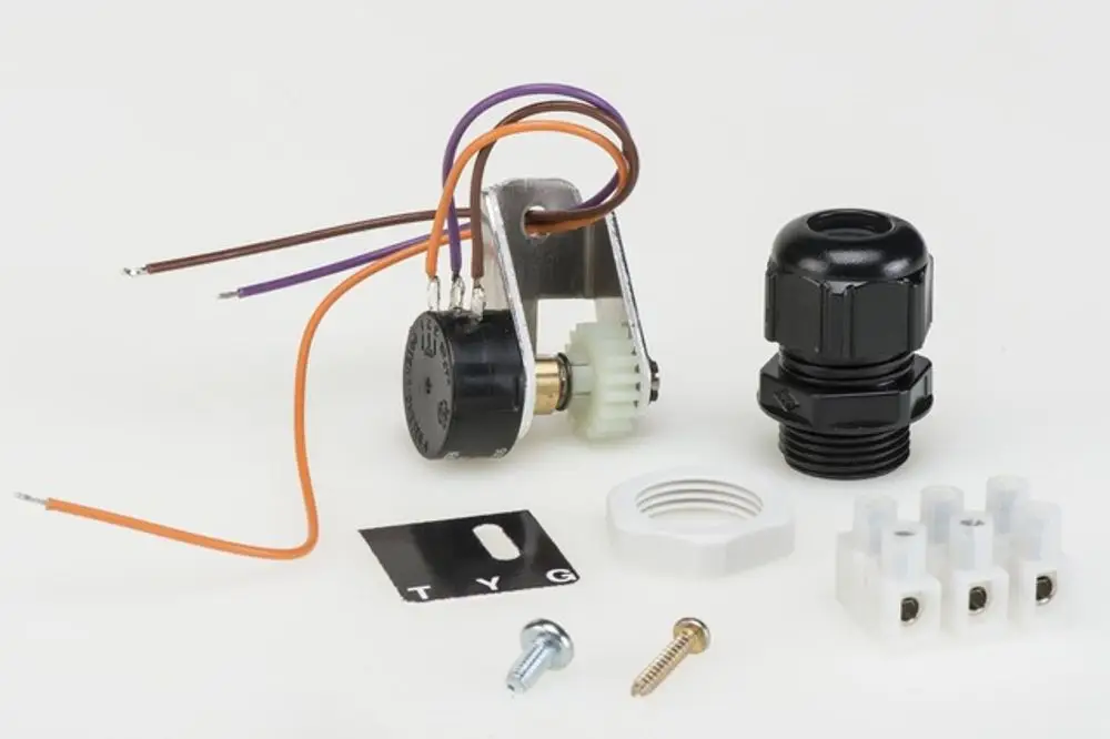 Potentiometer von Resideo mit mehreren Anschlussdrähten, einem Gehäuse und Zubehörteilen für die Montage und Elektrik. Komponenten sind übersichtlich angeordnet.