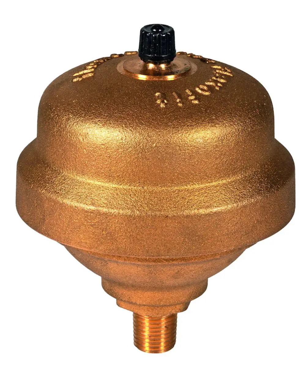 Druckschlagdämpfer in runder Form mit Gewindeanschluss an der Unterseite, gefertigt von Resideo. Oberseite mit verstellbarem Element.