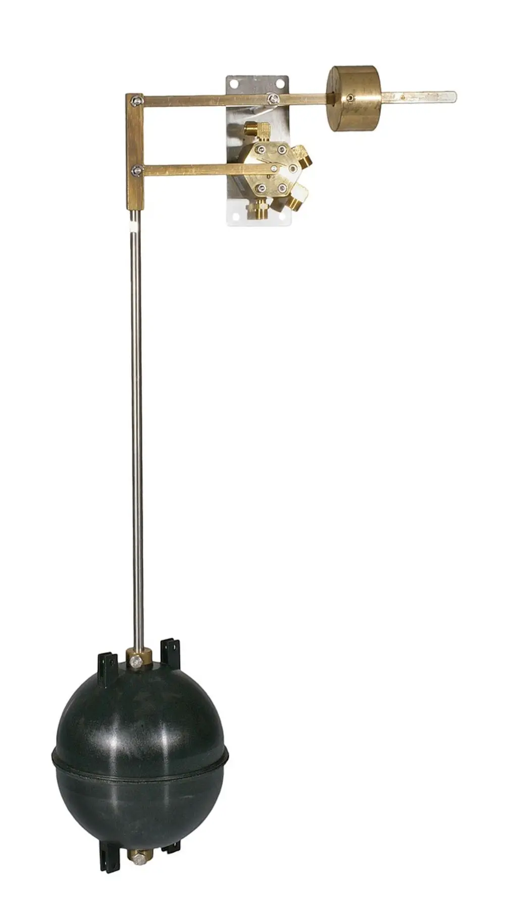 Pilotschwimmerventil mit einer Kugel, Halterungen und mechanischen Steuerelementen, gefertigt von Resideo, zur Regelung von Füllventilen in Wasseranwendungen.