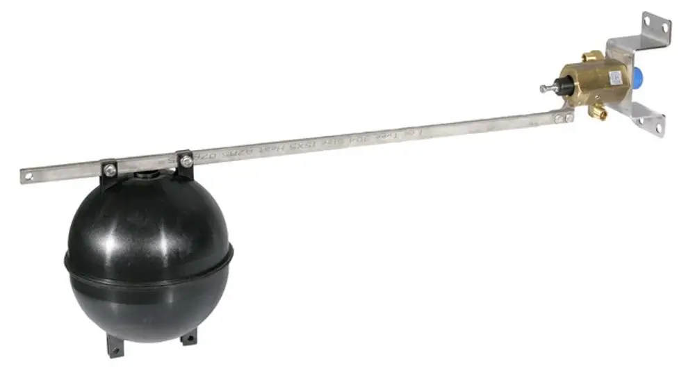 Pilotschwimmerventil von Resideo mit schwarzer Kugel und mechanischem Arm zur Steuerung eines Füllventils, montiert auf einer Metallplatte.