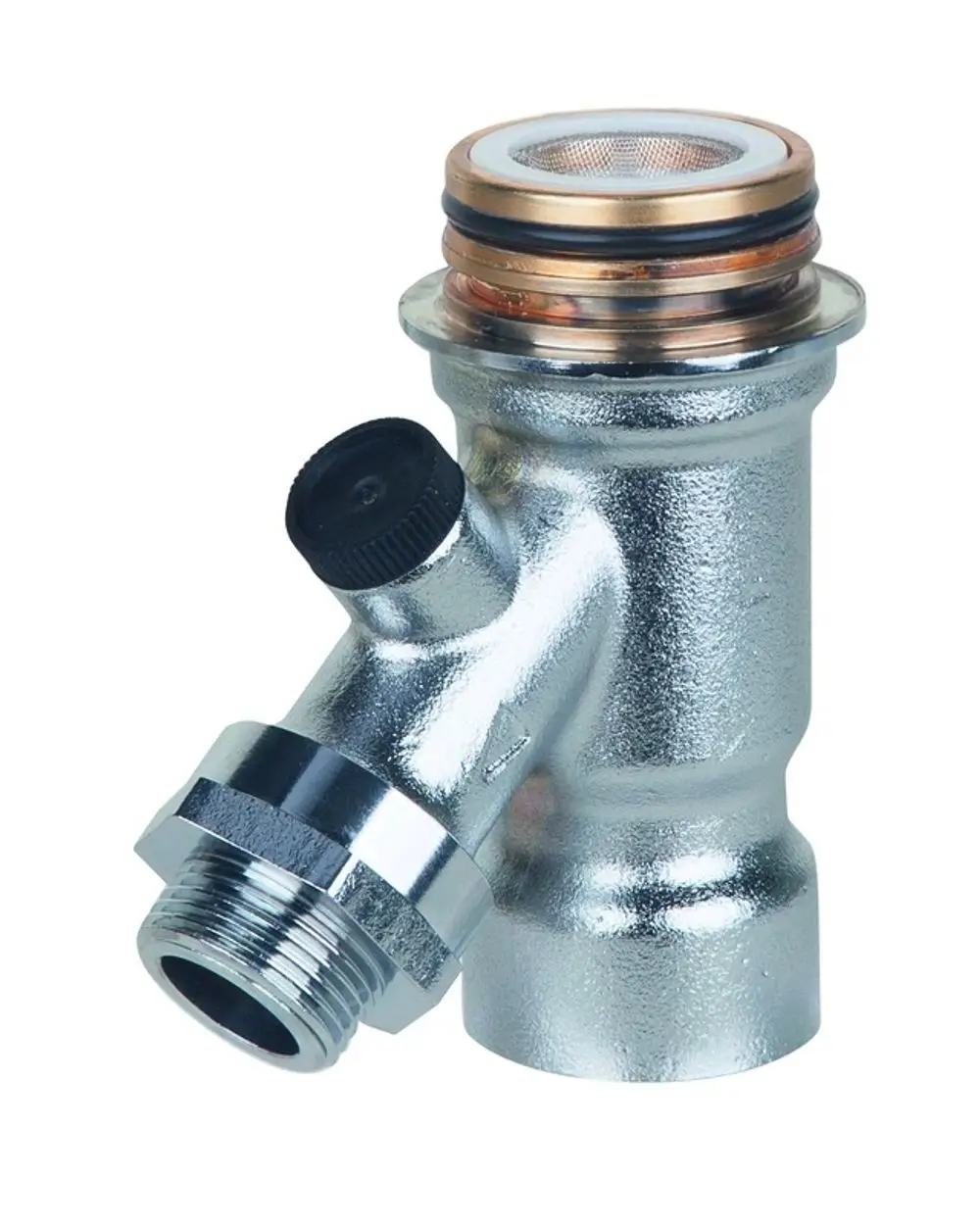 Austauscheinheit aus Metall mit Gewindeanschlüssen und einem Ventil, hergestellt von Resideo, geeignet für den Einsatz in Heizungs- oder Sanitärsystemen.