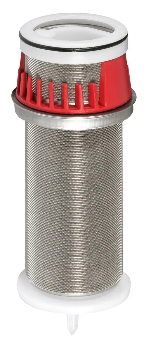 Filtereinsatz mit metallischem Gewebe und rotem Kunststoffteil, hergestellt von Resideo, zur Verwendung in Wasserfiltersystemen.