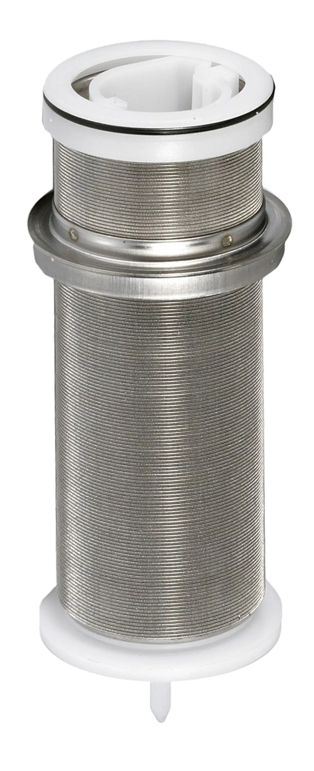 Edelstahlfiltereinsatz mit weißem Kunststoffrahmen, geeignet für Wasserfiltration. Produkt von Resideo, mit feiner Maschenstruktur zur Filtration von Partikeln.
