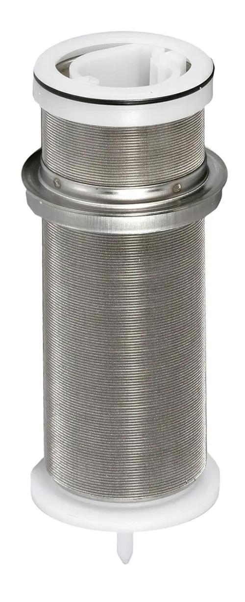 Edelstahlfiltereinsatz mit weißem Kunststoffrahmen, geeignet für Wasserfiltration. Produkt von Resideo, mit feiner Maschenstruktur zur Filtration von Partikeln.