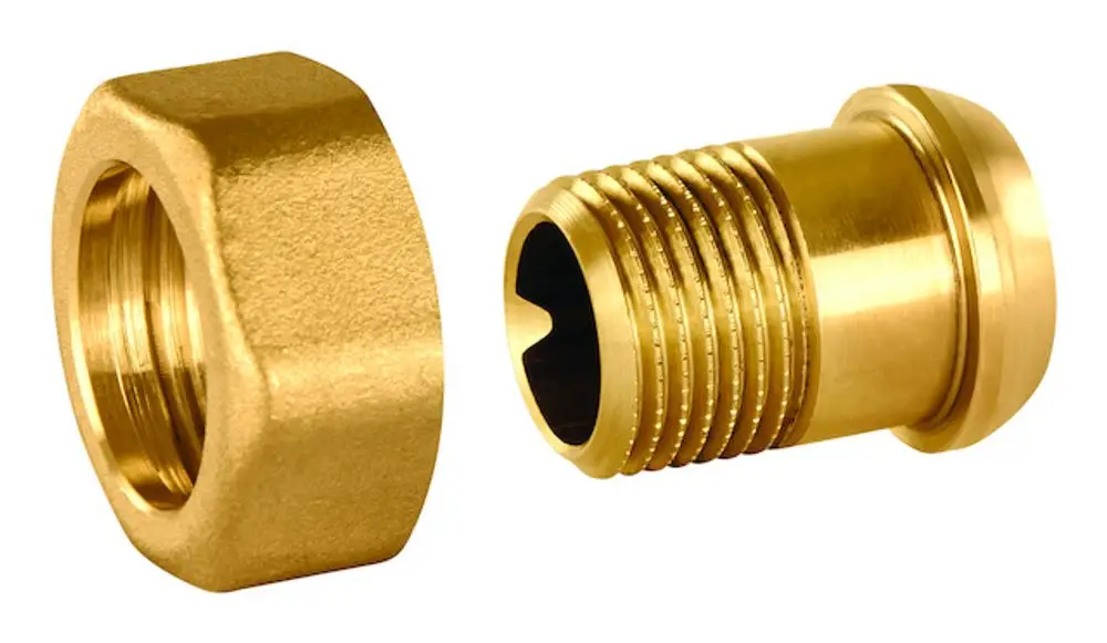 Resideo Anschlussverschraubung aus Metall, bestehend aus einer Außengewindetülle und einer Mutter, beide in Goldfarbe, für die sichere Verbindung von Rohren.