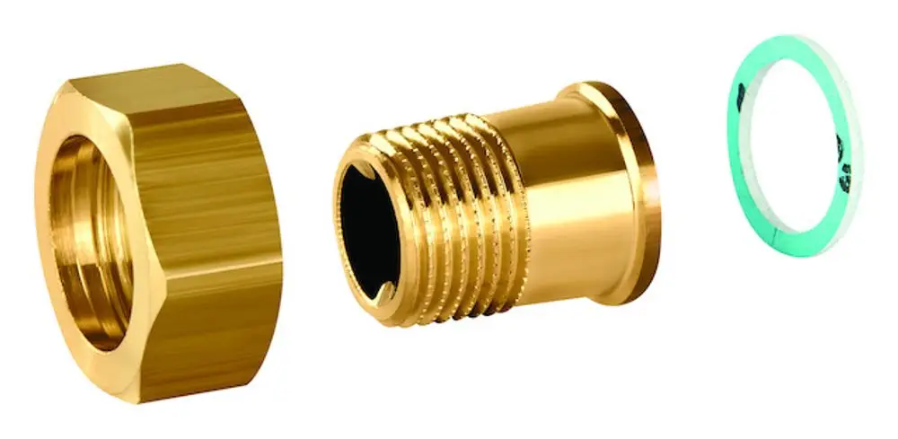 Anschlussverschraubung aus Messing mit Außengewinde und flacher Dichtung. Teile sind in goldener Farbe und gehören zur Marke Resideo.