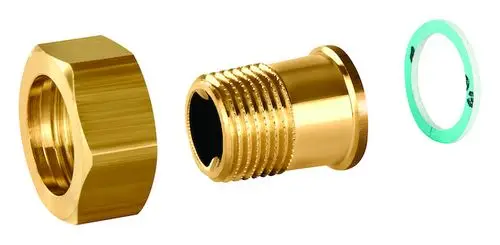Anschlussverschraubung aus Messing mit Außengewinde und flacher Dichtung. Teile sind in goldener Farbe und gehören zur Marke Resideo.