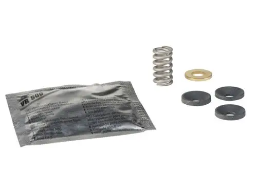 Resideo Packungsringsatz mit einer Metallfeder, einer goldenen Unterlegscheibe und mehreren Dichtungen in verschiedenen Größen, verpackt in einer metallisierten Tüte.