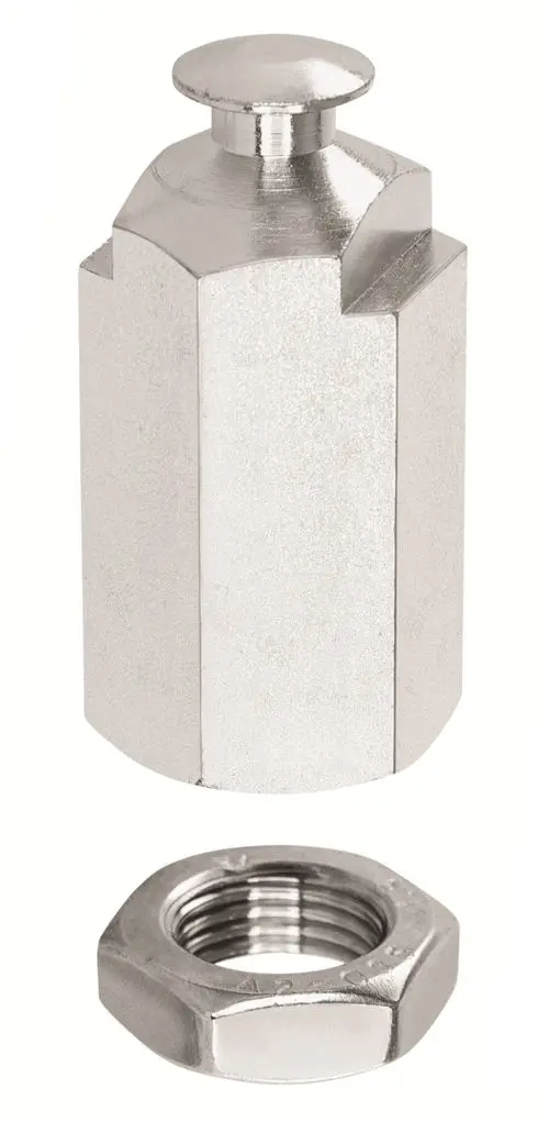Zwei metallene Verbindungselemente von Resideo, bestehend aus einer Spindelverbindungsmutter mit Rundkopf und einer separaten Mutter, beide mit genoppter Oberfläche.