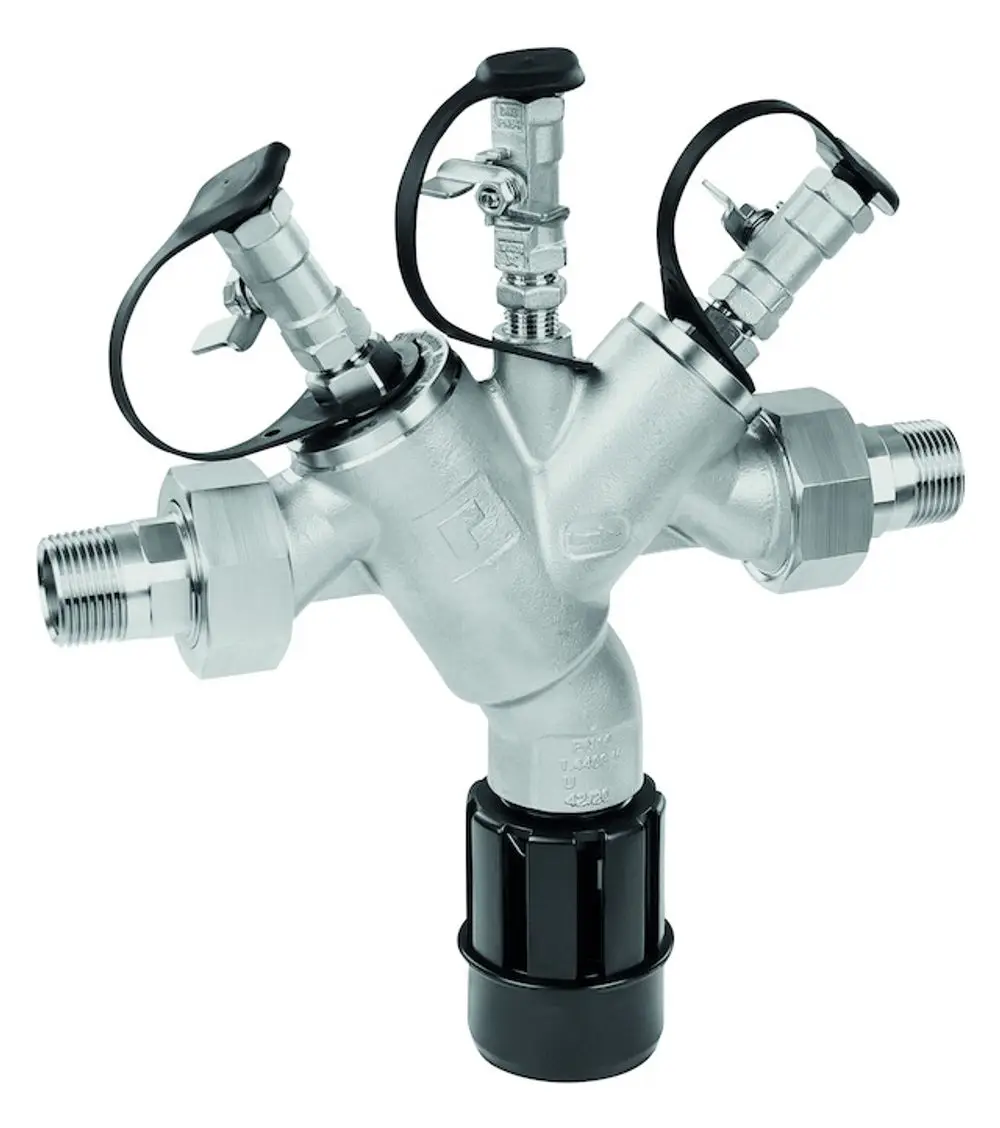 Edelstahl-Systemtrenner mit mehreren Anschlüssen und Sicherheitsventilen. Produkt von Resideo, geeignet für Anwendungen in der Wasserinstallation.
