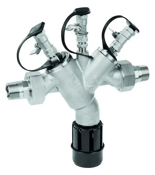 Edelstahl-Systemtrenner mit mehreren Anschlüssen und Sicherheitsventilen. Produkt von Resideo, geeignet für Anwendungen in der Wasserinstallation.