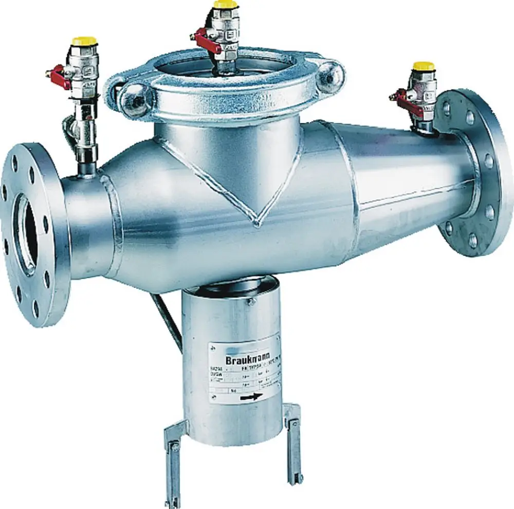 Edelstahl-Wassertrennsystem mit zwei Anschlussöffnungen, ventilähnlichen Strukturkomponenten und einer Beschriftung, die die Marke Resideo zeigt.