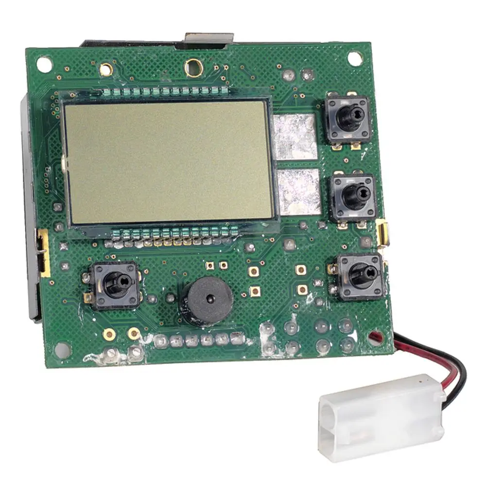 Steuerplatine mit mehreren Tasten, einem Bildschirm und einem Anschlusskabel, hergestellt von Resideo. Deutlich sichtbare elektronische Komponenten und Schaltkreise sind vorhanden.