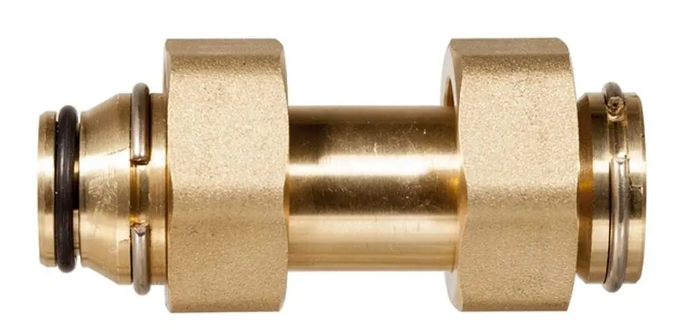 Goldfarbener Anschluss mit O-Ring, passend für Heizungsanwendungen, hergestellt von Resideo. Zeigt ein kompaktes Design zur Verbindung von Rohren.