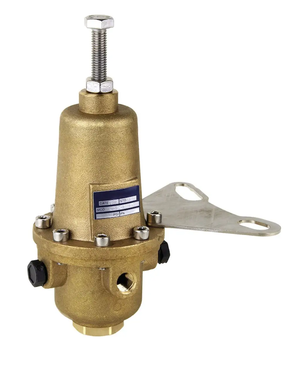 Bronzefarbener Druckregler mit verstellbarem Oberteil und Montageschraube, ausgestattet mit Anschlüssen. Hersteller: Resideo.