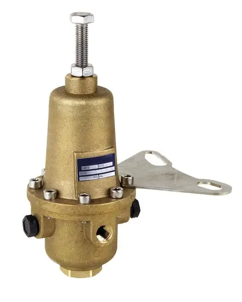 Bronzefarbener Druckregler mit verstellbarem Oberteil und Montageschraube, ausgestattet mit Anschlüssen. Hersteller: Resideo.