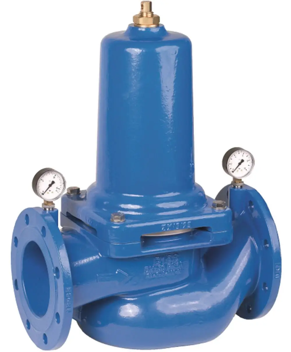 Druckminderer in blauer Pulverbeschichtung mit Manometern. Er dient zur Regelung des Wasserdrucks und ist von der Marke Resideo.