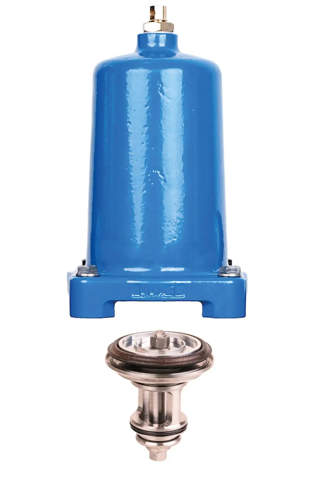 Blauer Ventileinsatz mit Haube, ausgelegt für Rohrdurchmesser DN 65 - DN 100. Hersteller: Resideo. Untere Einheit aus Metall, obere Einheit glänzend lackiert.