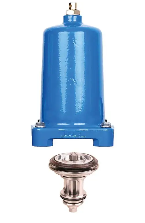 Blauer Ventileinsatz mit Haube, ausgelegt für Rohrdurchmesser DN 65 - DN 100. Hersteller: Resideo. Untere Einheit aus Metall, obere Einheit glänzend lackiert.