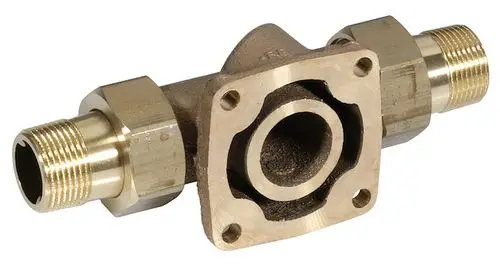 Brass fitting valve with threaded ends, designed for water applications. Features a central opening and mounting holes for installation.