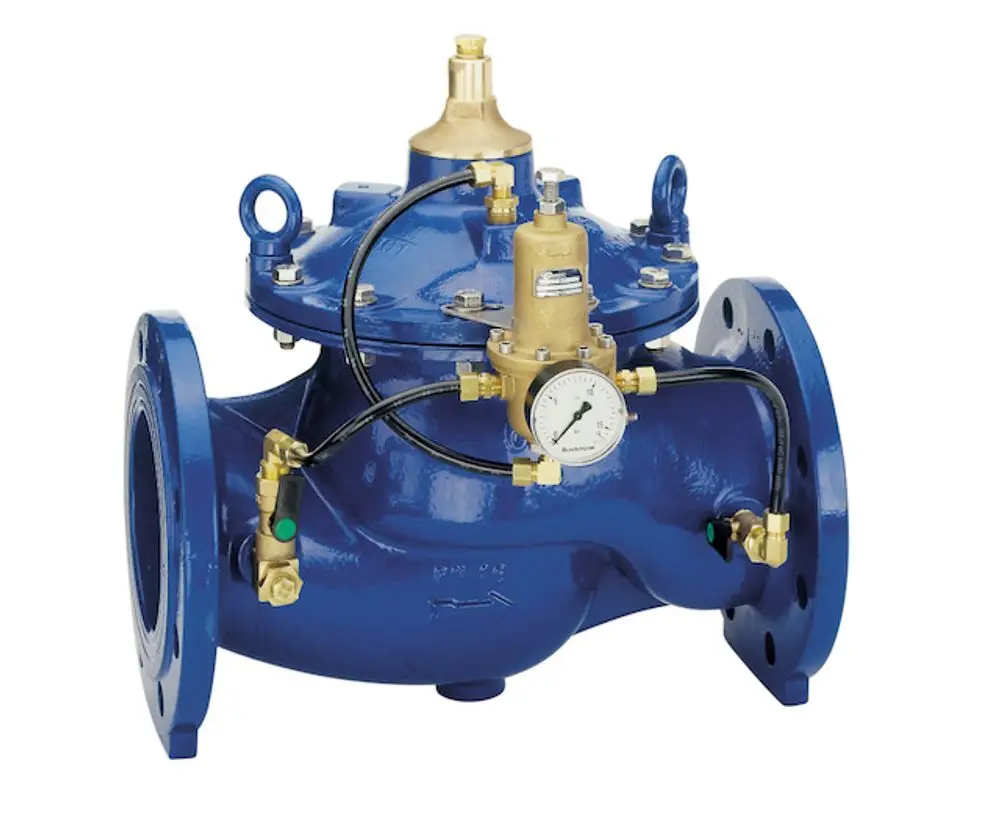 Druckhalteventil in blauer Ausführung mit Druckmanometer und verschiedenen Anschlüssen. Produkt von Resideo für Druckregelung in Rohrleitungen.