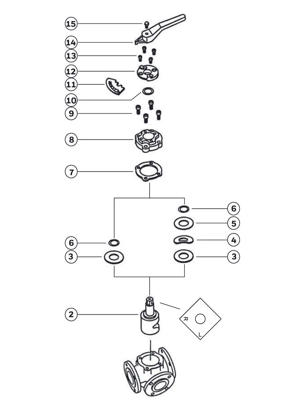 Schematische Darstellung eines Dreiwege-Muffenmischers, bestehend aus verschiedenen Bauteilen, einschließlich Gummidichtungen. Hersteller ist Resideo.