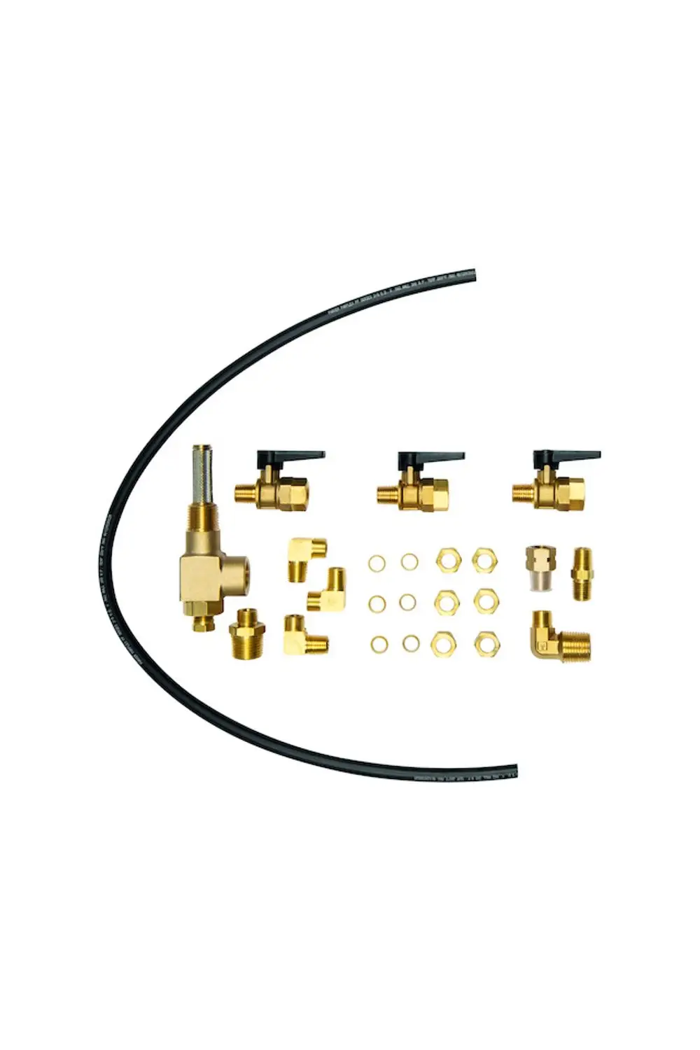 Schwarze Schlauchleitung mit verschiedenen Messingfittings und Ventilen. Zubehörset von Resideo, geeignet für verschiedene Anschlusskonfigurationen.