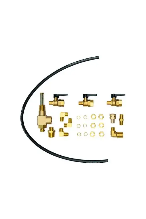 Schwarze Schlauchleitung mit verschiedenen Messingfittings und Ventilen. Zubehörset von Resideo, geeignet für verschiedene Anschlusskonfigurationen.