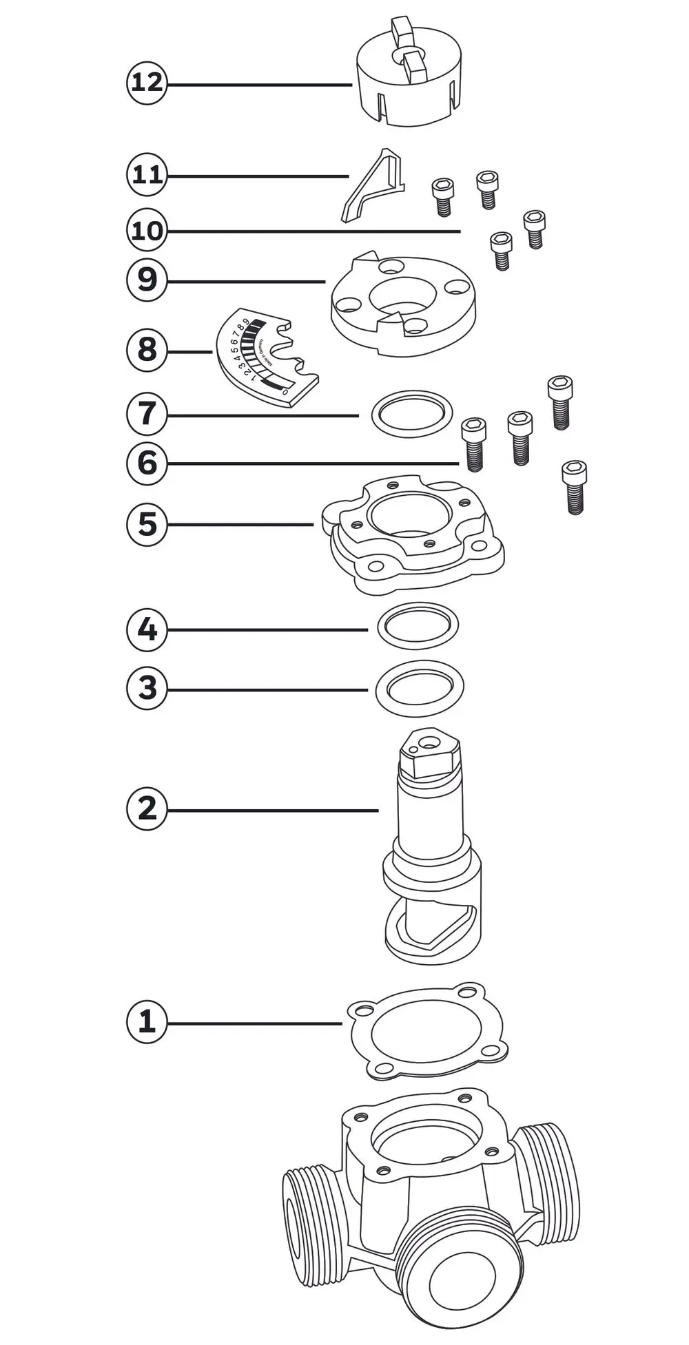 Schematische Darstellung eines 3-Wege-Mischers mit verschiedenen Bauteilen und Schrauben, einschließlich der Marke Resideo.
