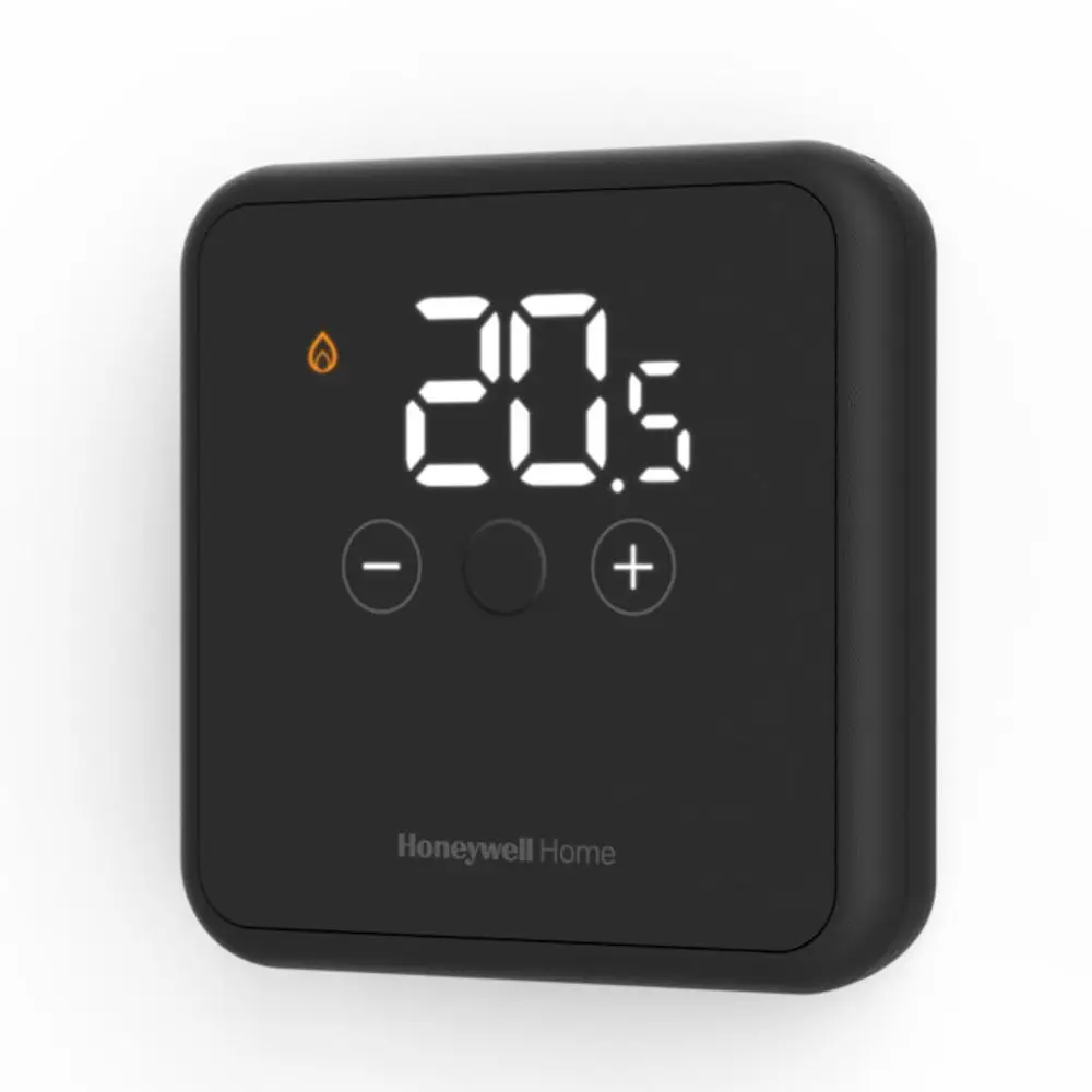 Raumthermostat mit digitaler Anzeige und Bedienelementen zur Temperaturregelung, montiert an einer Wand. Resideo ist die Marke des Geräts.