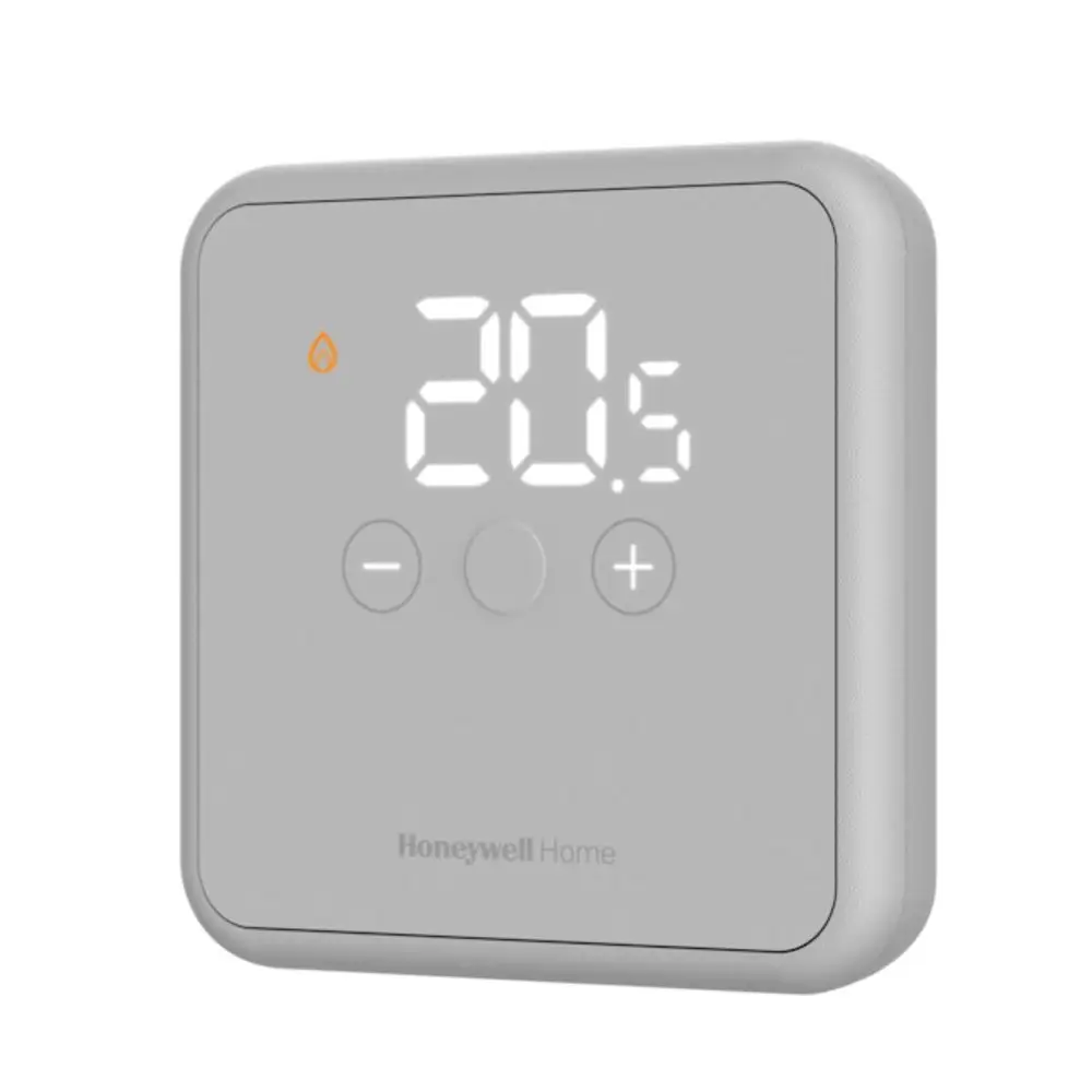 Graues Raumthermostat mit digitaler Anzeige und Tasten für Temperaturregelung, Marke Resideo. An/Aus-Funktion sichtbar auf dem Display.