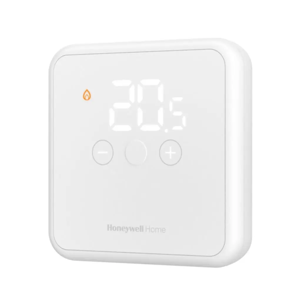 Wandeinbau-Raumthermostat in Weiß mit digitalem Display von Resideo. Temperaturanzeige und Steuerungsknöpfe in der Mitte des Geräts.