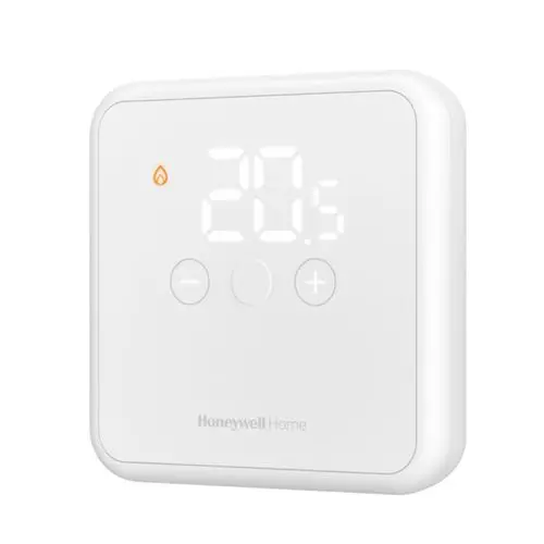 Wandeinbau-Raumthermostat in Weiß mit digitalem Display von Resideo. Temperaturanzeige und Steuerungsknöpfe in der Mitte des Geräts.