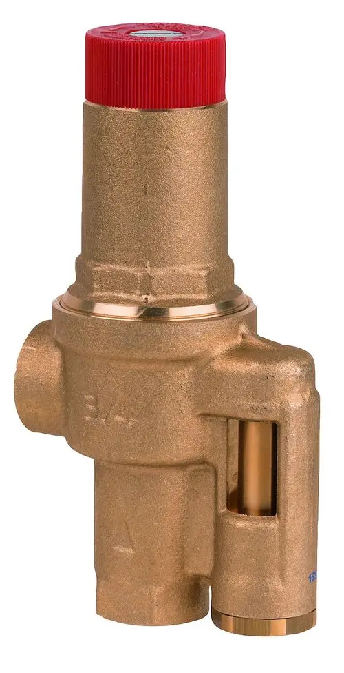 Überströmventil aus Messing mit einem roten Deckel. Das Produkt gehört zur Marke Resideo und ist für die Regulierung von Wasserströmungen konzipiert.