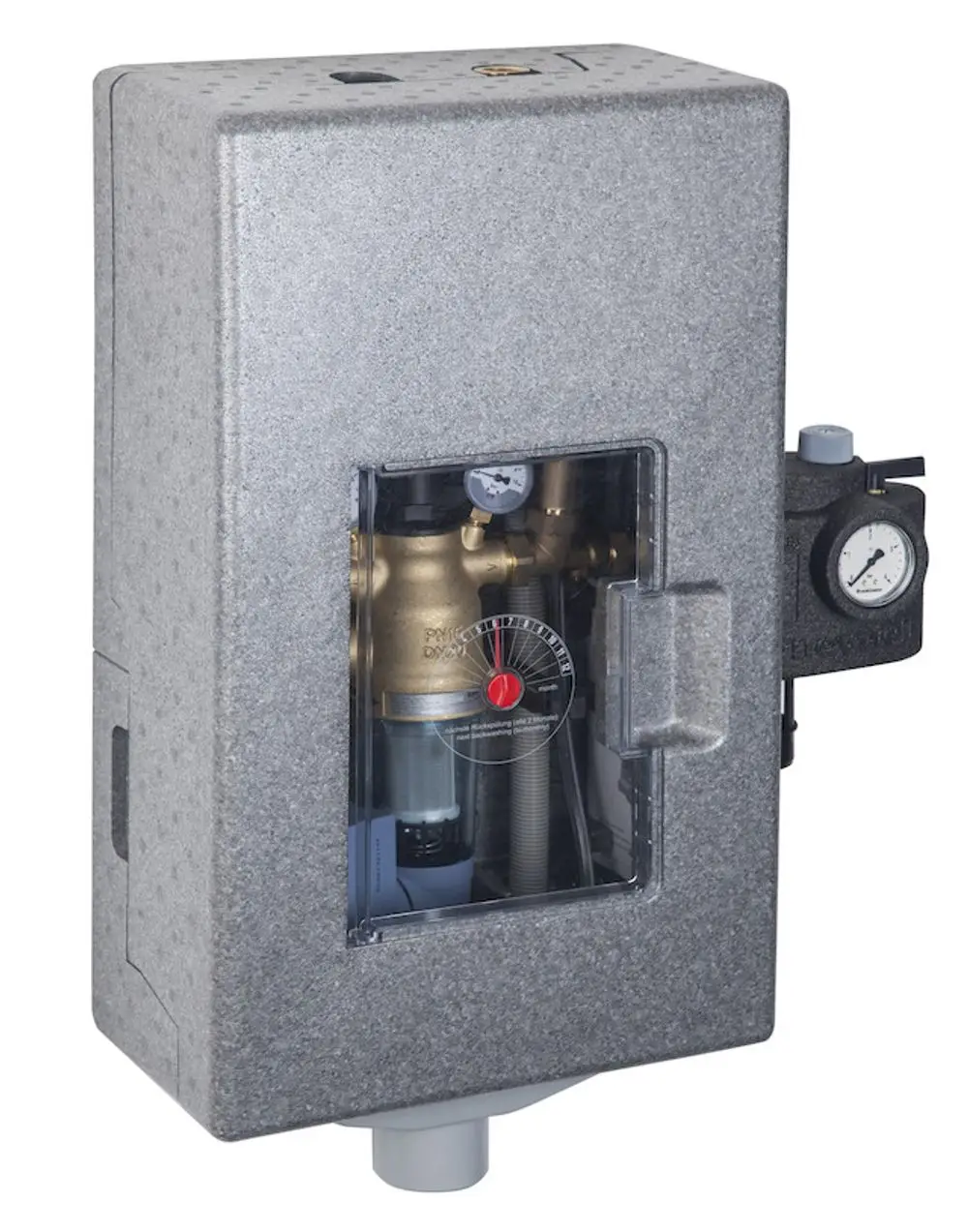 Graues Gehäuse mit transparentem Sichtfenster, das eine mechanische Struktur und Manometer zeigt. Resideo-Produkt mit Steuerungselementen für spezifische Funktionen.