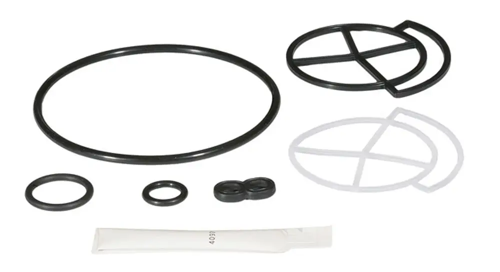 Dichtungs-Set mit verschiedenen O-Ringen und Dichtungen, präsentiert auf einer weißen Unterlage, geeignet für Produkte der Marke Resideo.