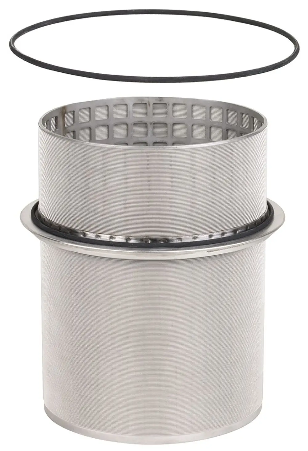 Ersatzsieb aus Edelstahl mit einer runden Form und einem Gitterdesign. Oberhalb befindet sich ein schwarzer O-Ring. Produkt von Resideo, geeignet für verschiedene Anwendungen.