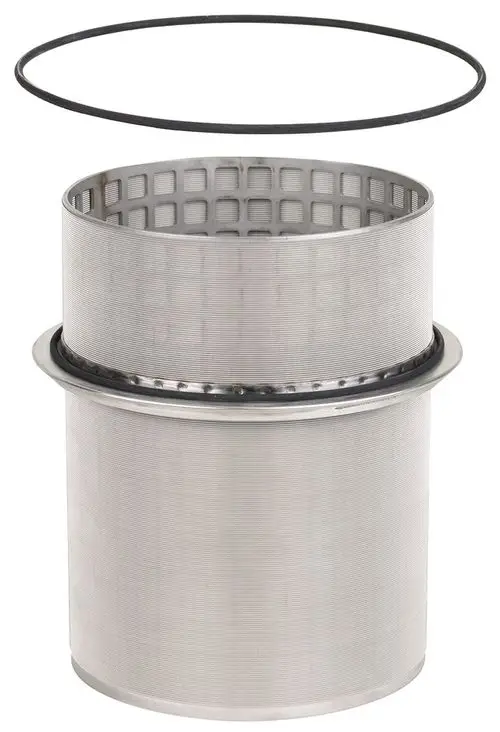 Ersatzsieb aus Edelstahl mit einer runden Form und einem Gitterdesign. Oberhalb befindet sich ein schwarzer O-Ring. Produkt von Resideo, geeignet für verschiedene Anwendungen.