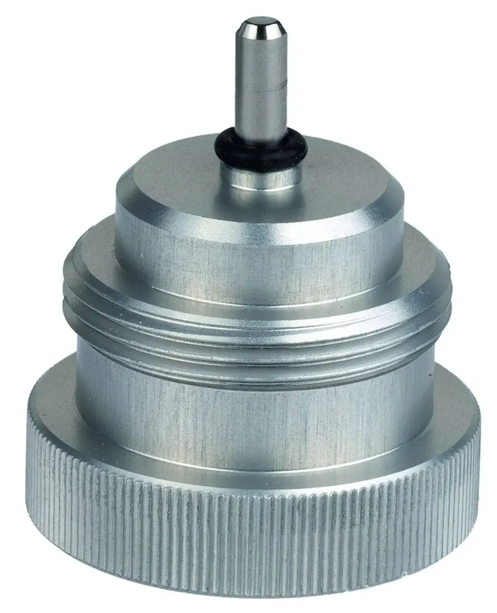 Metallischer Adapter von Resideo mit einem zentralen Anschluss, geeignet für verschiedene Heizgeräte. Er hat eine strukturierte Oberfläche und einen abgerundeten Sockel.