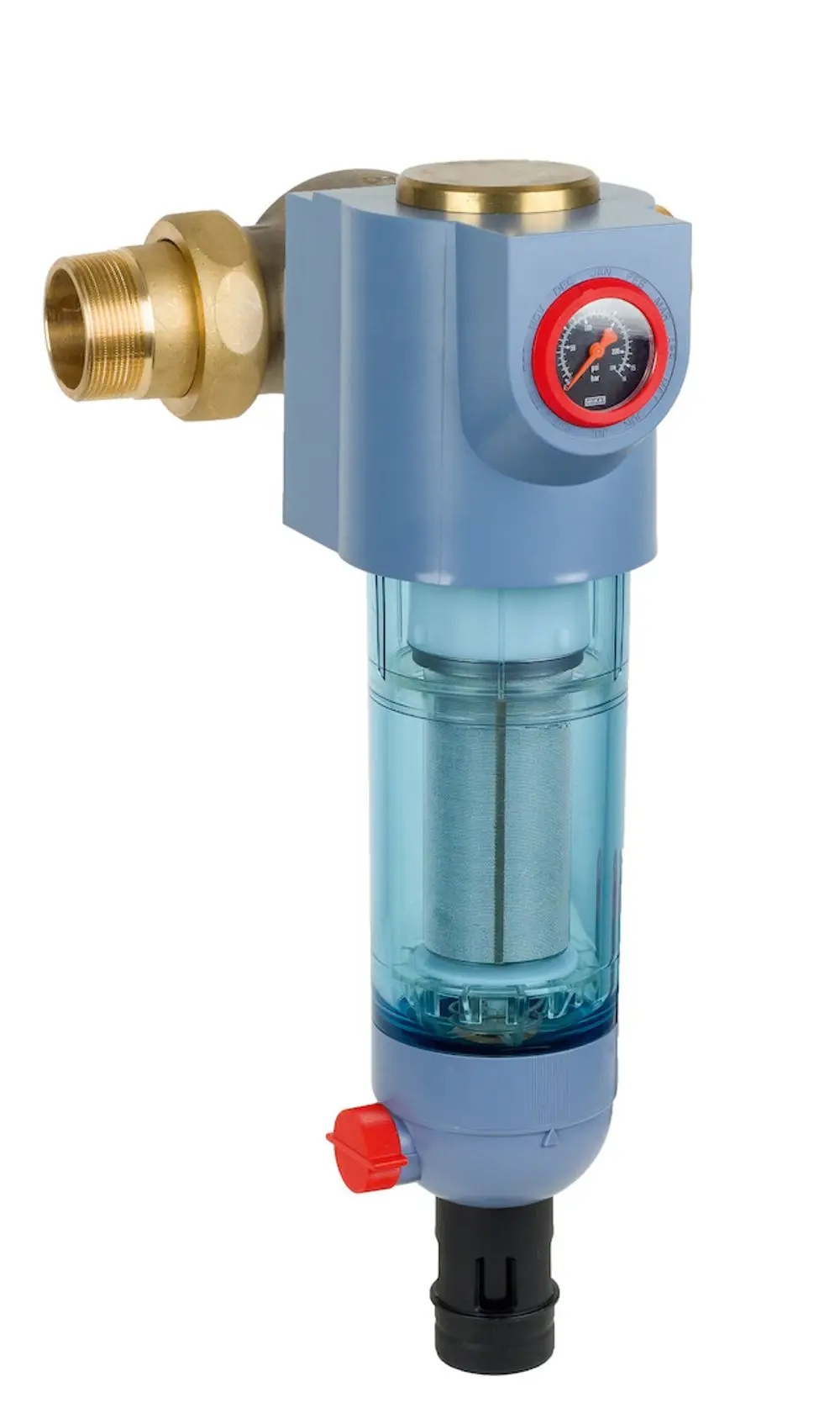 Rückspülbarer Feinfilter mit transparenter Kammer zur Abscheidung von Verunreinigungen. An einem Wasseranschluss montiert, ausgestattet mit Druckmanometer und Entleerungsventil. Marke: Resideo.