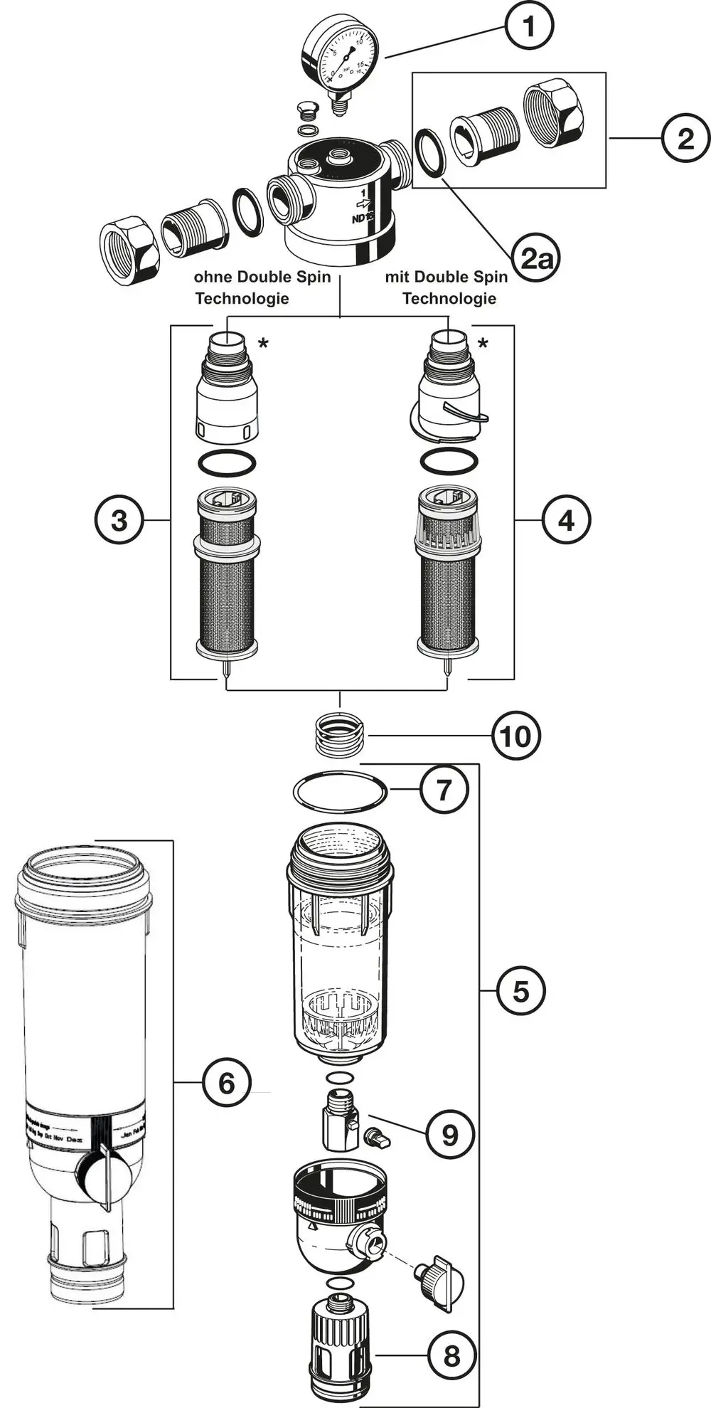 Explosionszeichnung eines Wasser-Filters von Resideo mit verschiedenen Komponenten, einschließlich Manometer, Gehäuse und Filterelementen.