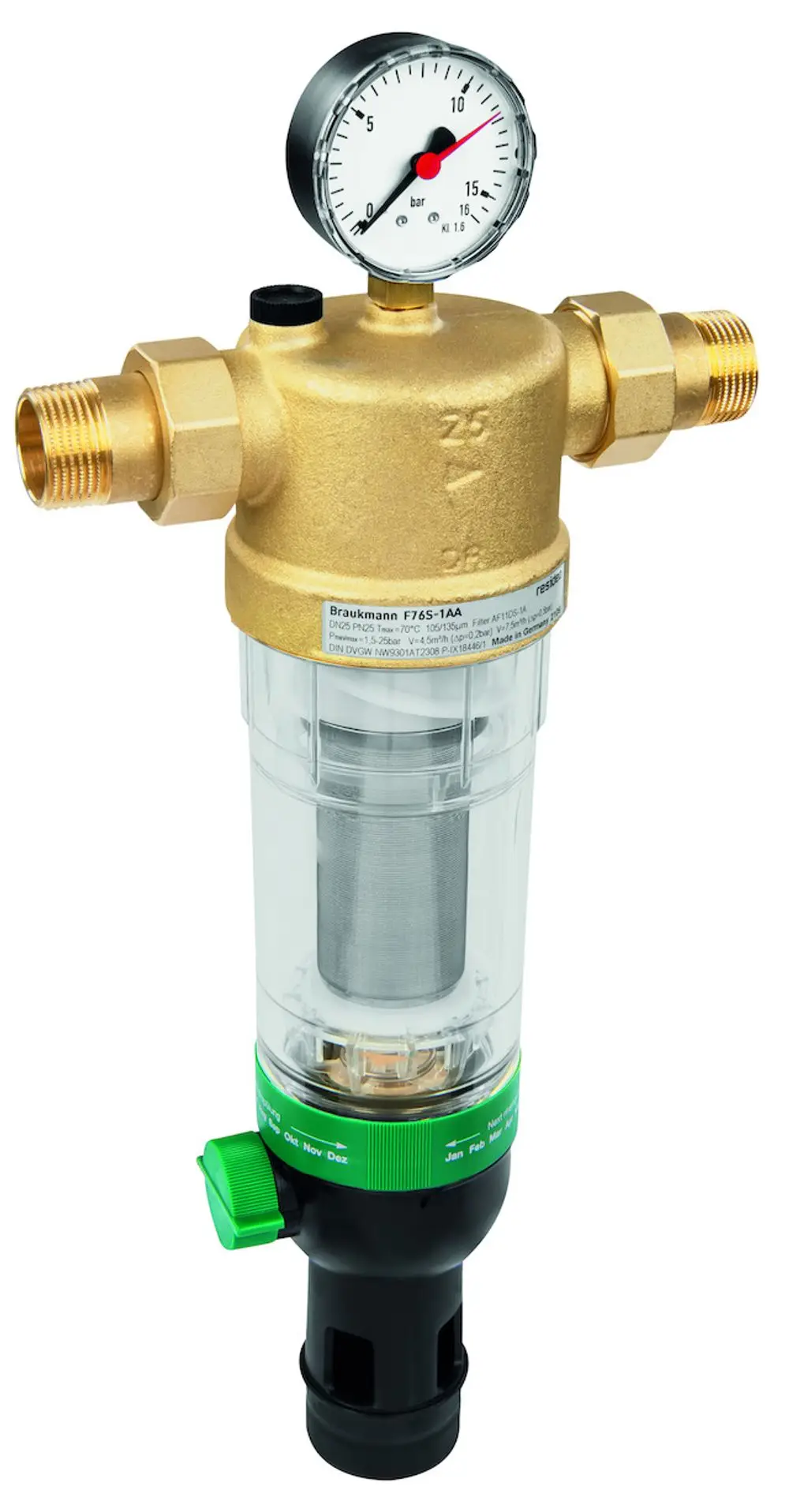 Messingfilter mit Manometer zur Druckanzeige und einem transparenten Gehäuse. Ausgestattet mit einem Regelventil und einem Anschluss für Wasserleitungen. Marke: Resideo.