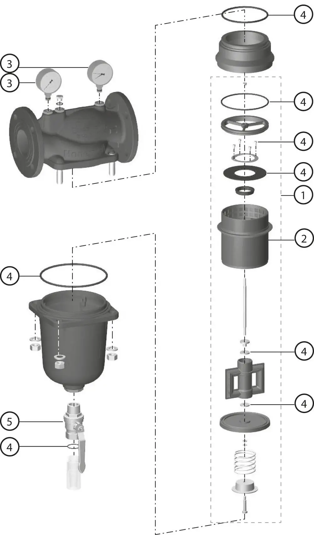 Feinfilter mit Flanschen, Rückspülfunktion, zerlegbare Bauweise. Komponenten und Innenteil klar sichtbar, gefilterte Position mit Druckmessgeräten von Resideo.
