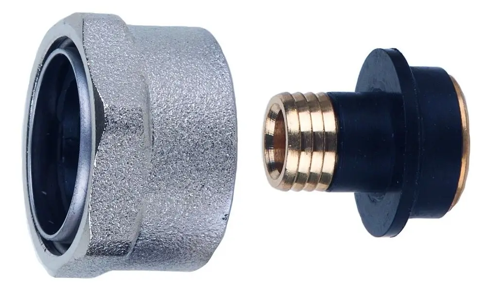 Metallene Verschraubung und ein Adapter aus Kunststoff, beide von Resideo, zur Verwendung in Rohrleitungen.