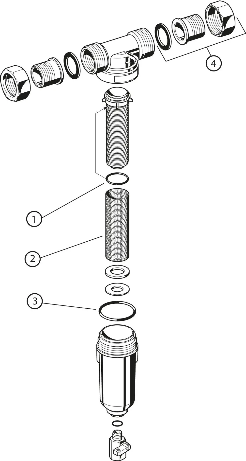 Explosionszeichnung eines Messingfilters von Resideo, bestehend aus mehreren Bauteilen, einschließlich Dichtungen und Sieb, zur Wasserfiltration.