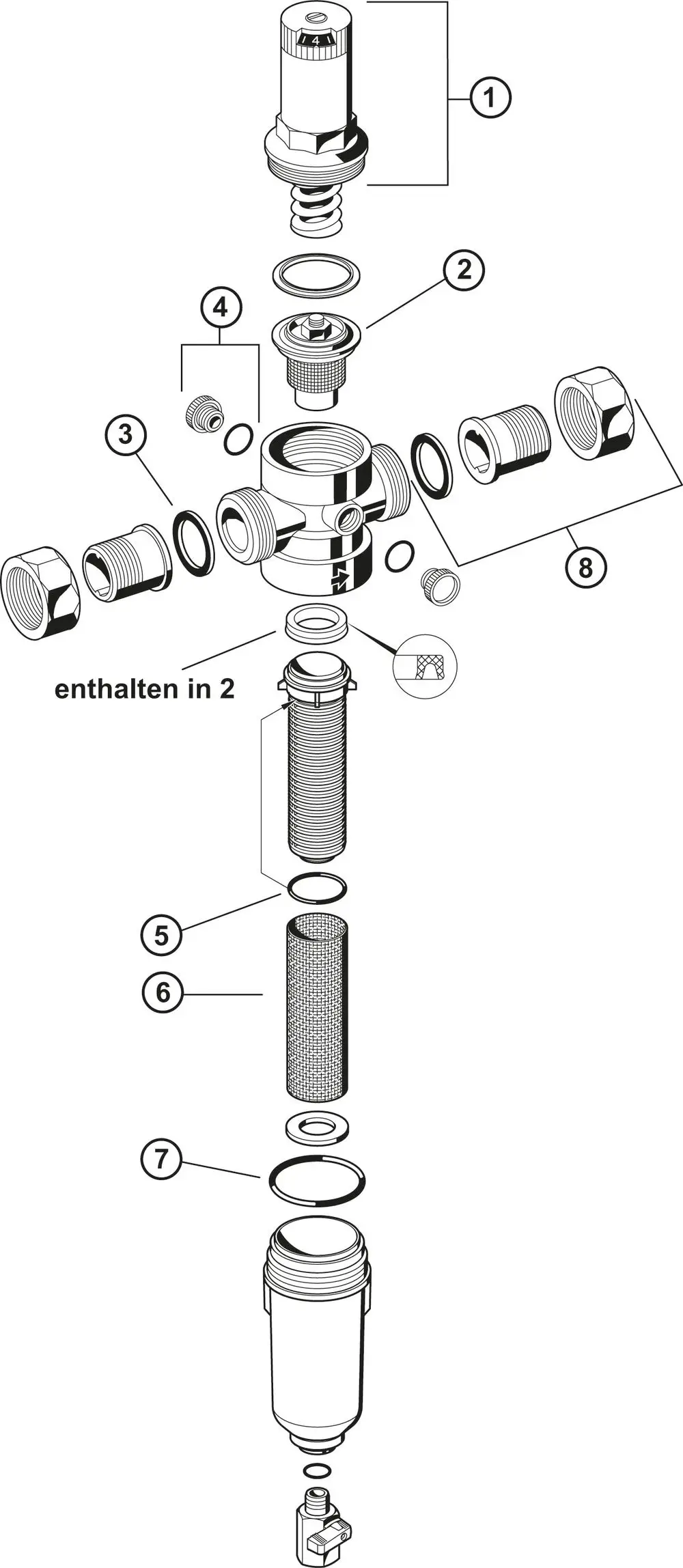 Zerlegtes Diagramm einer Filterkombination, bestehend aus verschiedenen Komponenten wie einem Gehäuse, Dichtungen und einer Filtereinheit. Produkt von Resideo.
