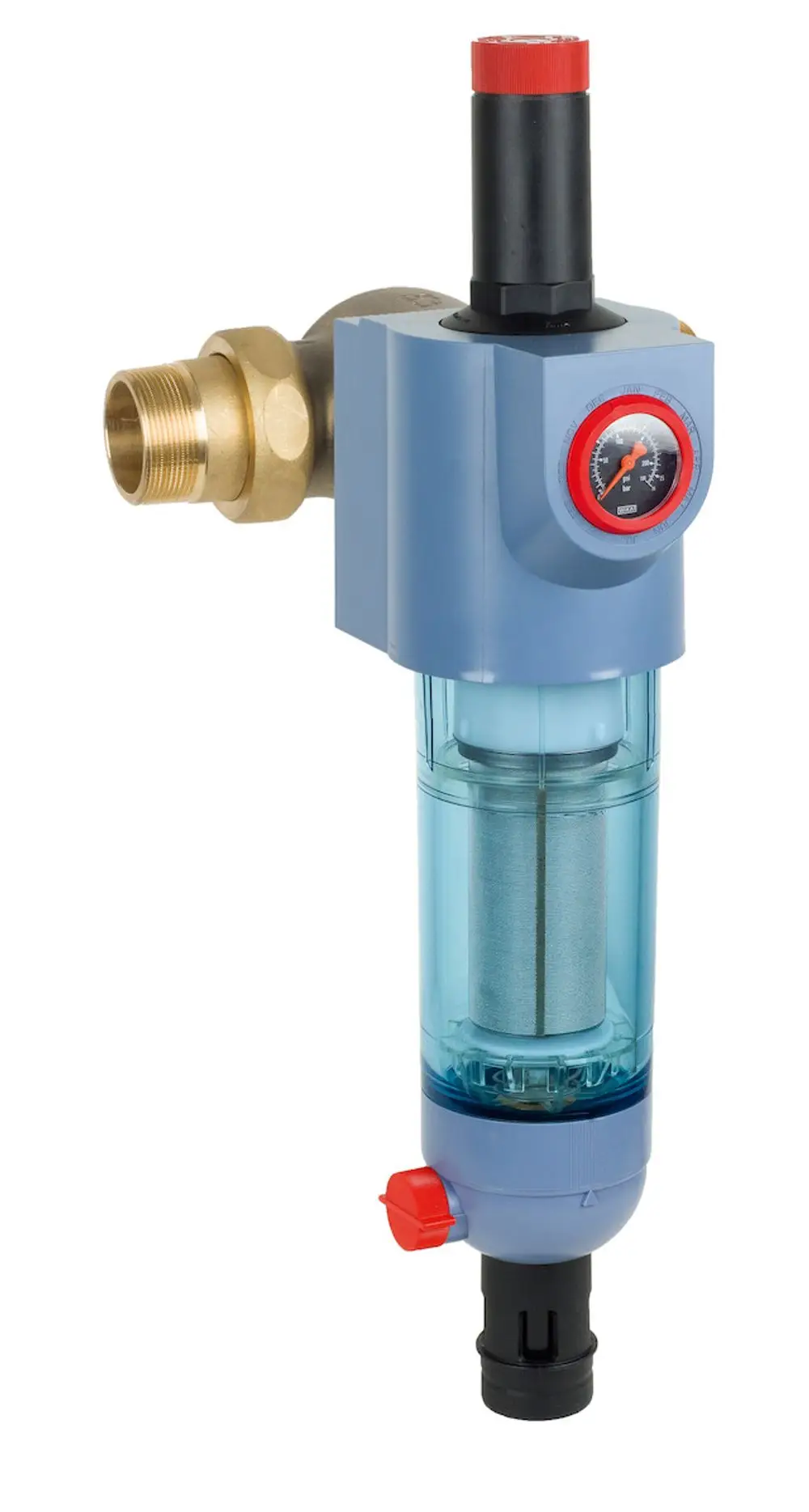 Filterkombination von Resideo mit transparentem Gehäuse, Druckmessgerät und rotem Entlüftungsventil, zur Verwendung in Wasserleitungssystemen.