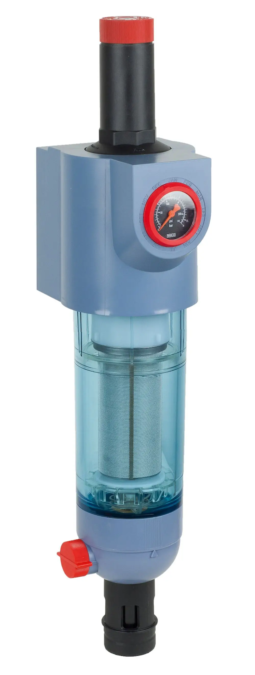 Wasserfilter von Resideo in grauer und blauer Ausführung mit Manometer, Rückspüleinrichtung und rotem Einstellknopf. Transparentes Gehäuse zeigt Filterelement.