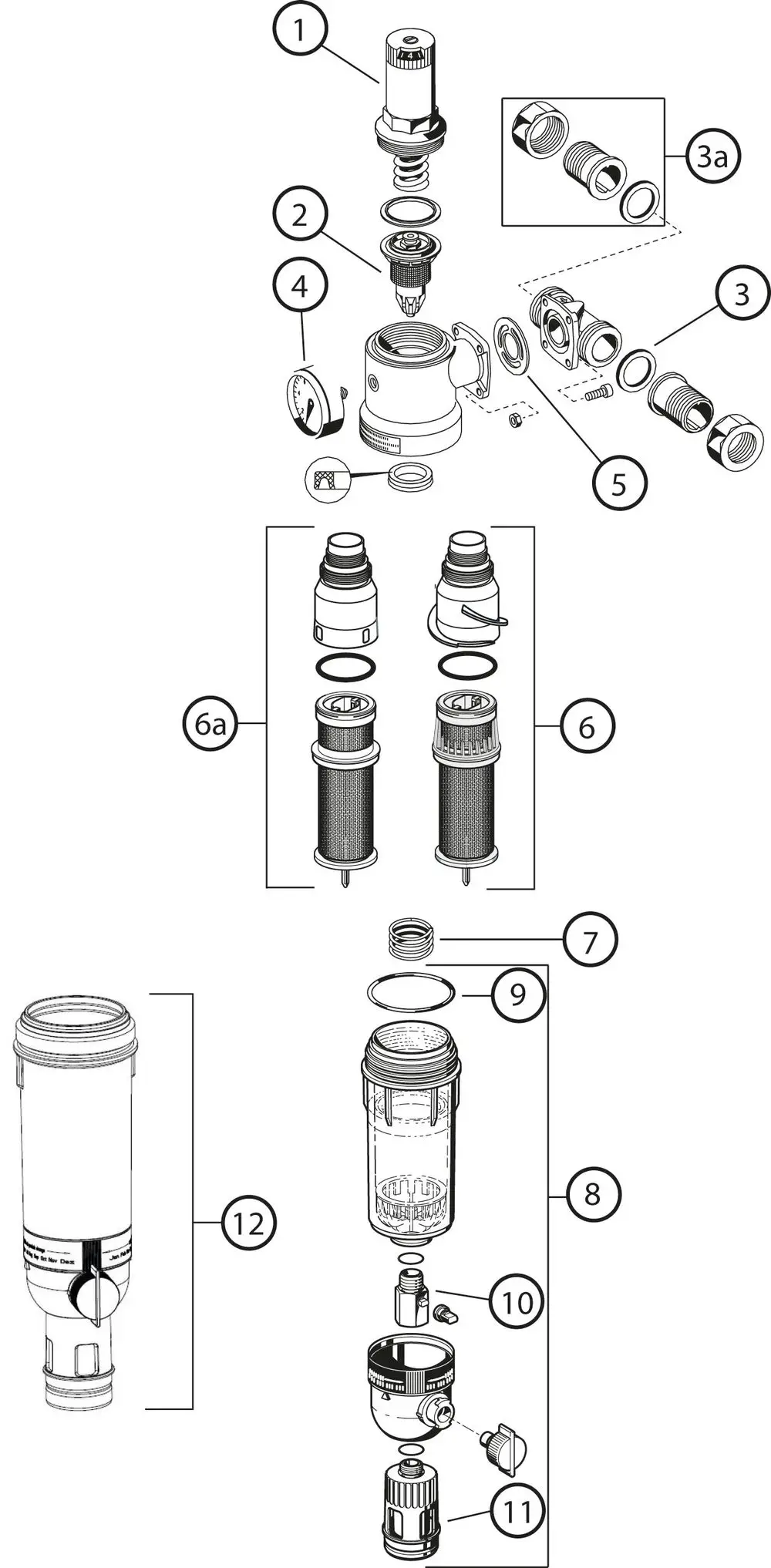 Illustration eines Filtersystems von Resideo, bestehend aus einzelnen Komponenten wie Gehäuse, Messgerät und Filtern, dargestellt in Explosionsansicht zur Montage oder Wartung.
