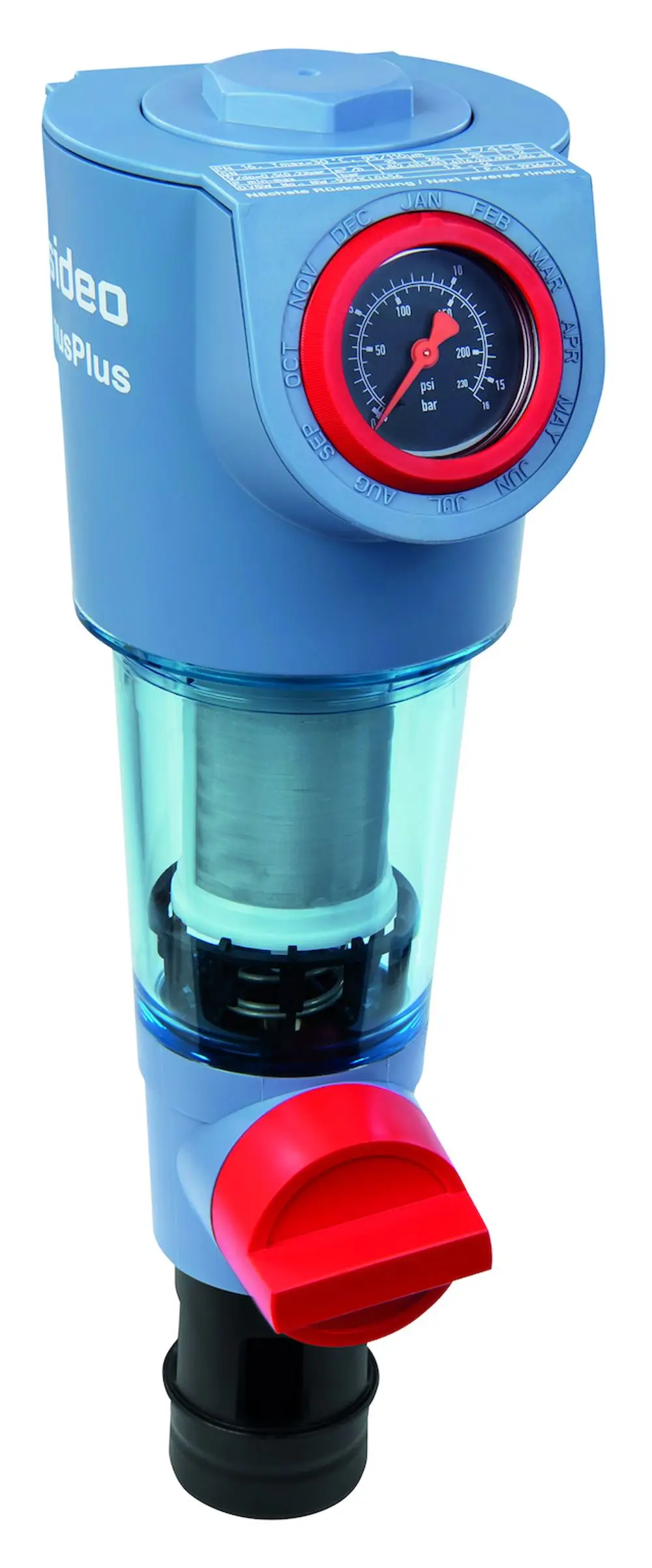 Feinfilter von Resideo in blauer Farbe mit Manometer und rotem Griff. Der untere Teil ist transparent mit einem sichtbaren Filterelement.